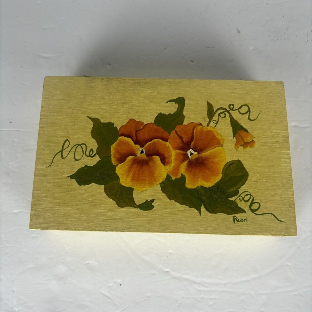 Jewelry Trinket Box Wooden Handpainted Yellow Pansies Pansy Flowers Cottagecore